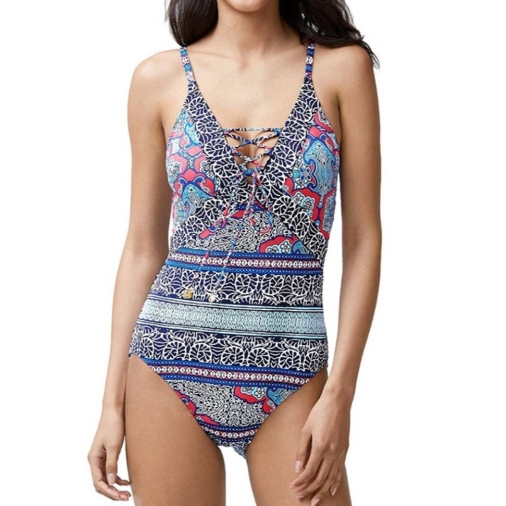 Tommy Bahama Riviera Tiles Lace Front Swimsuit 6